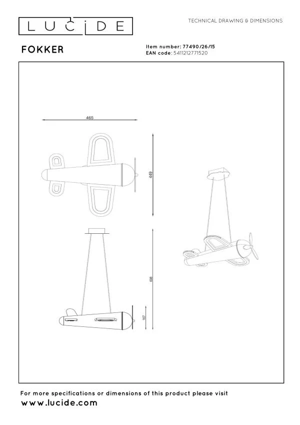 Lucide FOKKER - Pendelleuchten Kinderzimmer - LED - 1x28W 2500K - Grauguss - technisch